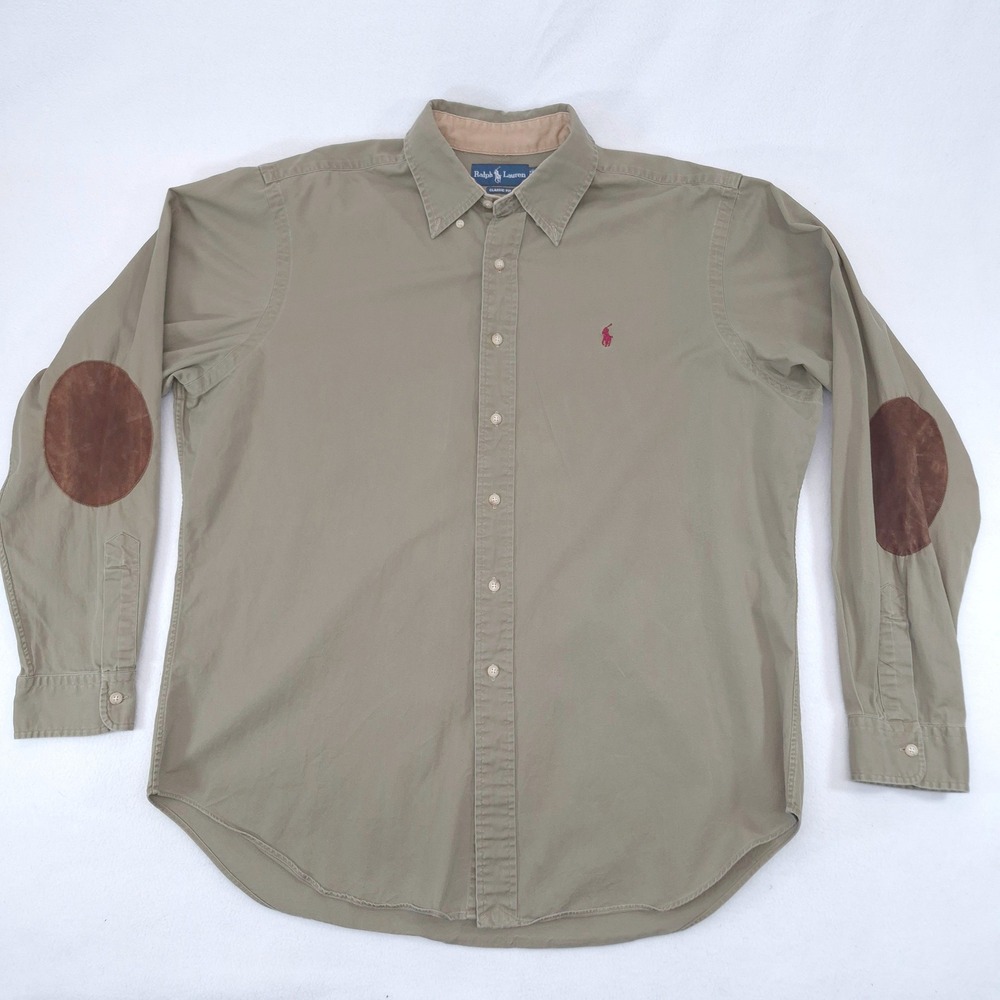 Polo Ralph Lauren Button Down Shirt Olive Green Large L Suede Elbow Patch Preppy